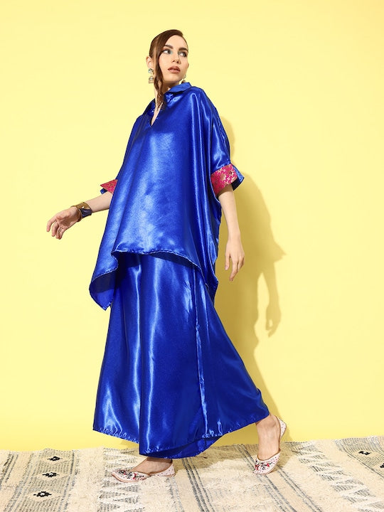 InWeave Women's Blue Pink Brocade Satin Boho Kurta Palazzo Set - Swadesiicart