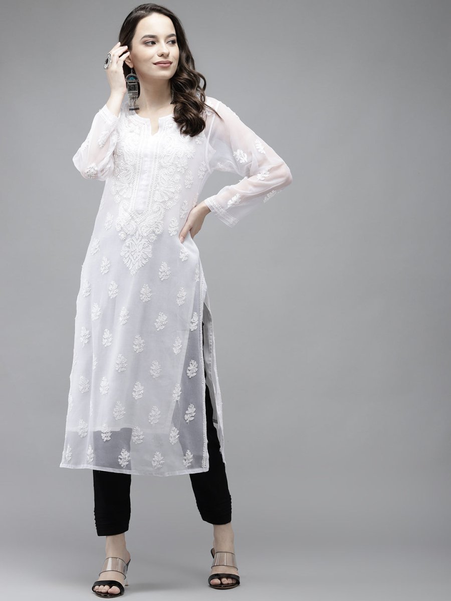 ADA Women White Ethnic Motifs Regular Chikankari Handloom Kurta with Palazzos | Swadesiicart