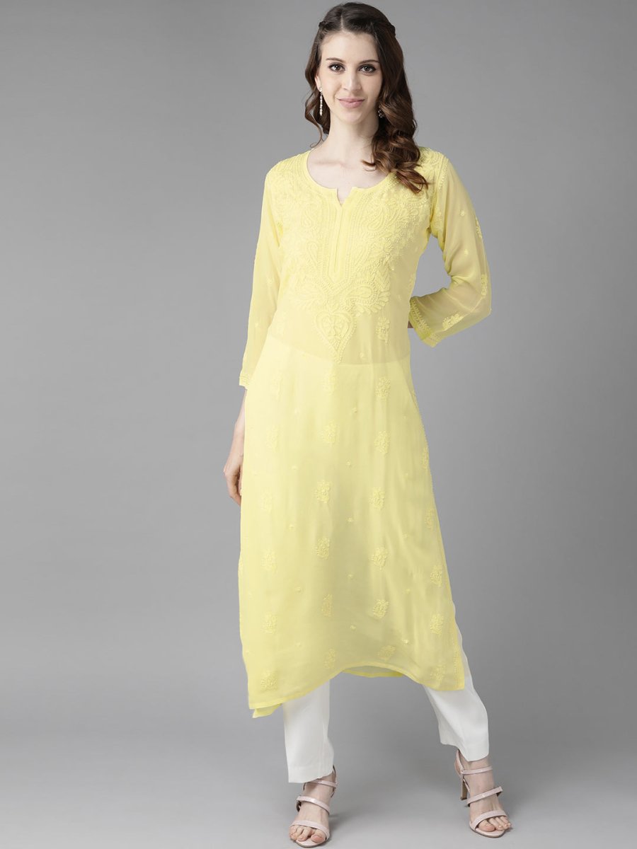 ADA Women Yellow Ethnic Motifs Embroidered Chikankari Georgette Handloom Kurta | Swadesiicart