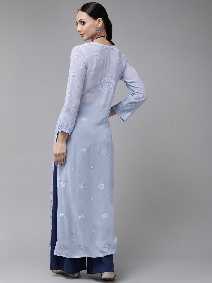 ADA Women Blue & Blue Ethnic Motifs Embroidered Chikankari Georgette Kurta | Swadesiicart