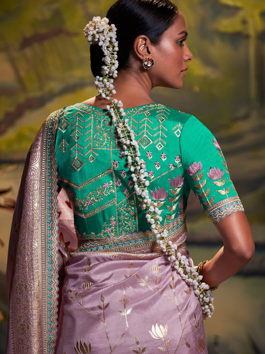 Mitera Lavender & Blue Ethnic Motifs Woven Design Zari Silk Blend Banarasi Saree | Swadesiicart