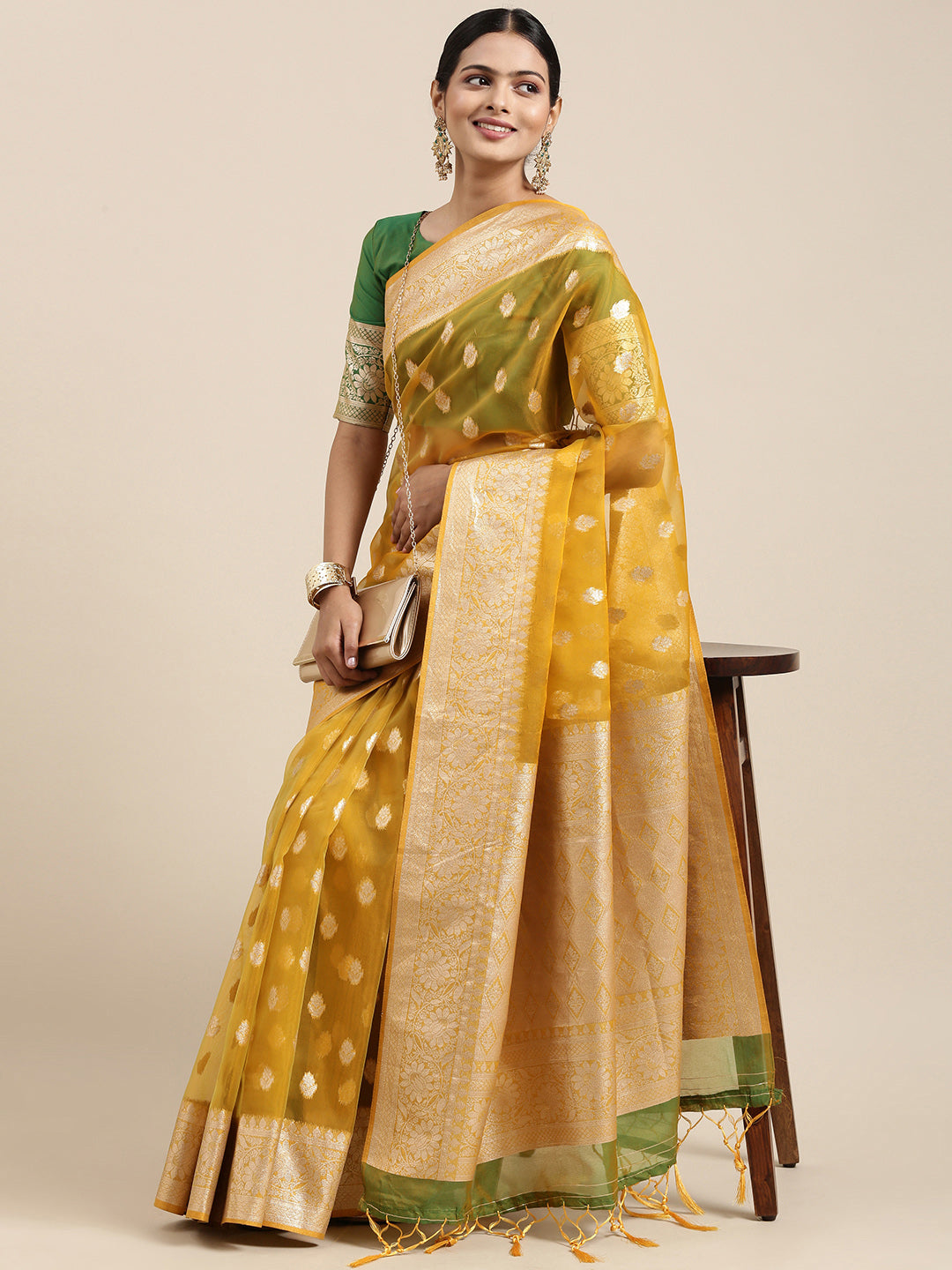 Saree Mall Mustard Ethnic Motifs Zari Organza Banarasi Saree | Swadesiicart