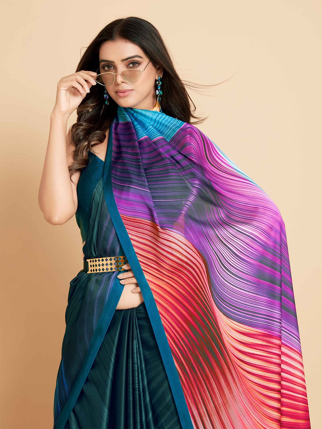 Sangria Navy Blue & Violet Satin Ready to Wear Saree | Swadesiicart