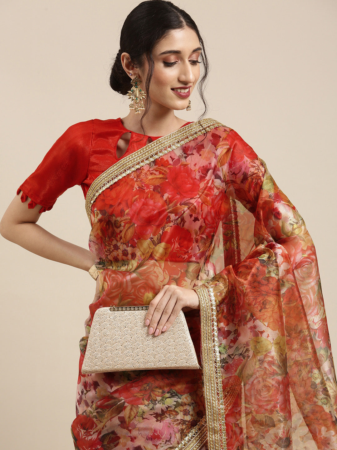 Tikhi Imli Red Floral Organza Saree | Swadesiicart
