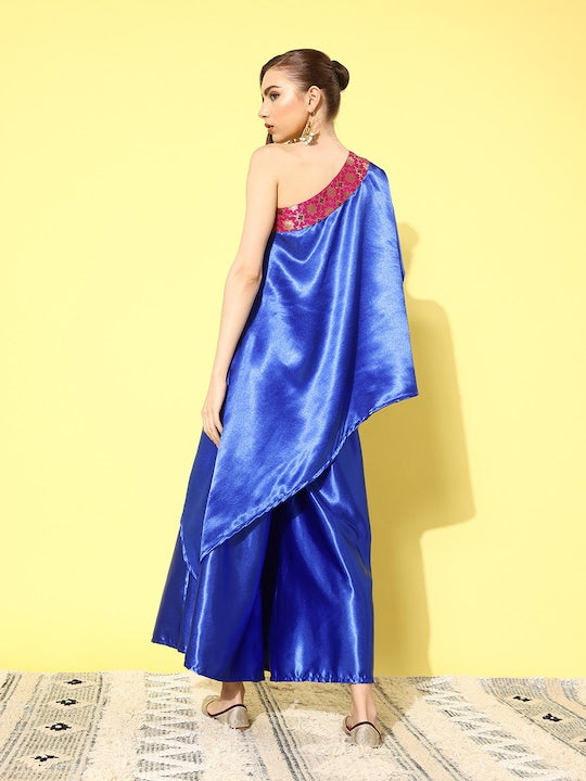 InWeave Women's Blue Pink Brocade Satin Oneshoulder Kurta Set - Swadesiicart