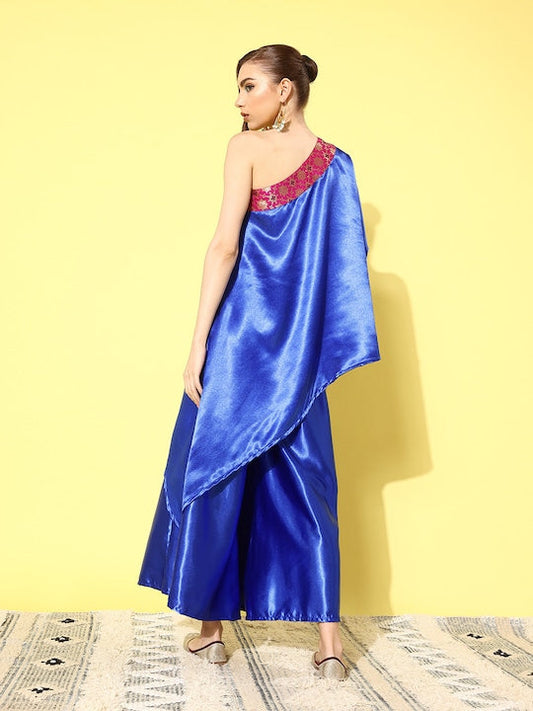 InWeave Women's Blue Pink Brocade Satin Oneshoulder Kurta Set - Swadesiicart