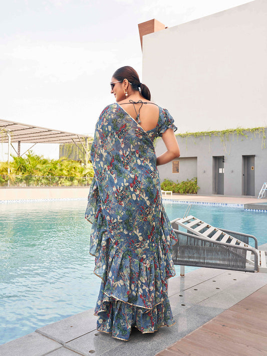 Tikhi Imli Floral printed ruffled saree | Swadesiicart