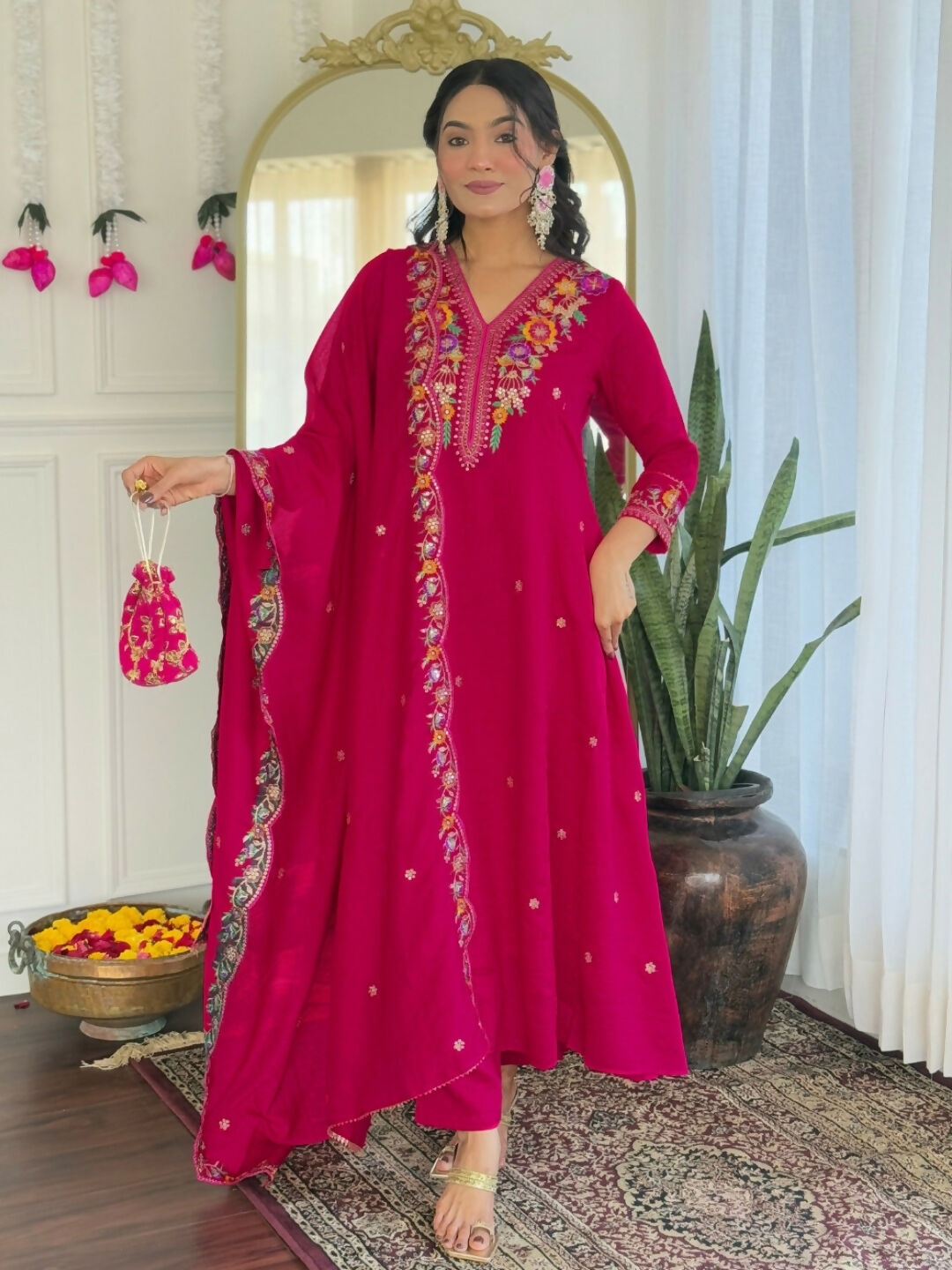 The52 Rani Women's Beautiful Embroidered Work Vichitra Silk Fabric Straight Kurta Pant and Dupatta Set - Swadesiicart