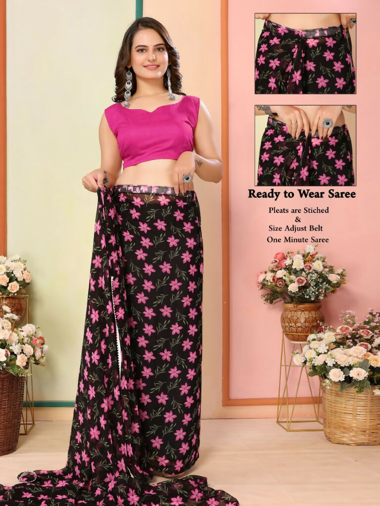 Black Georgette Designer Printed Ready To Wear Saree - Elite | Swadesiicart