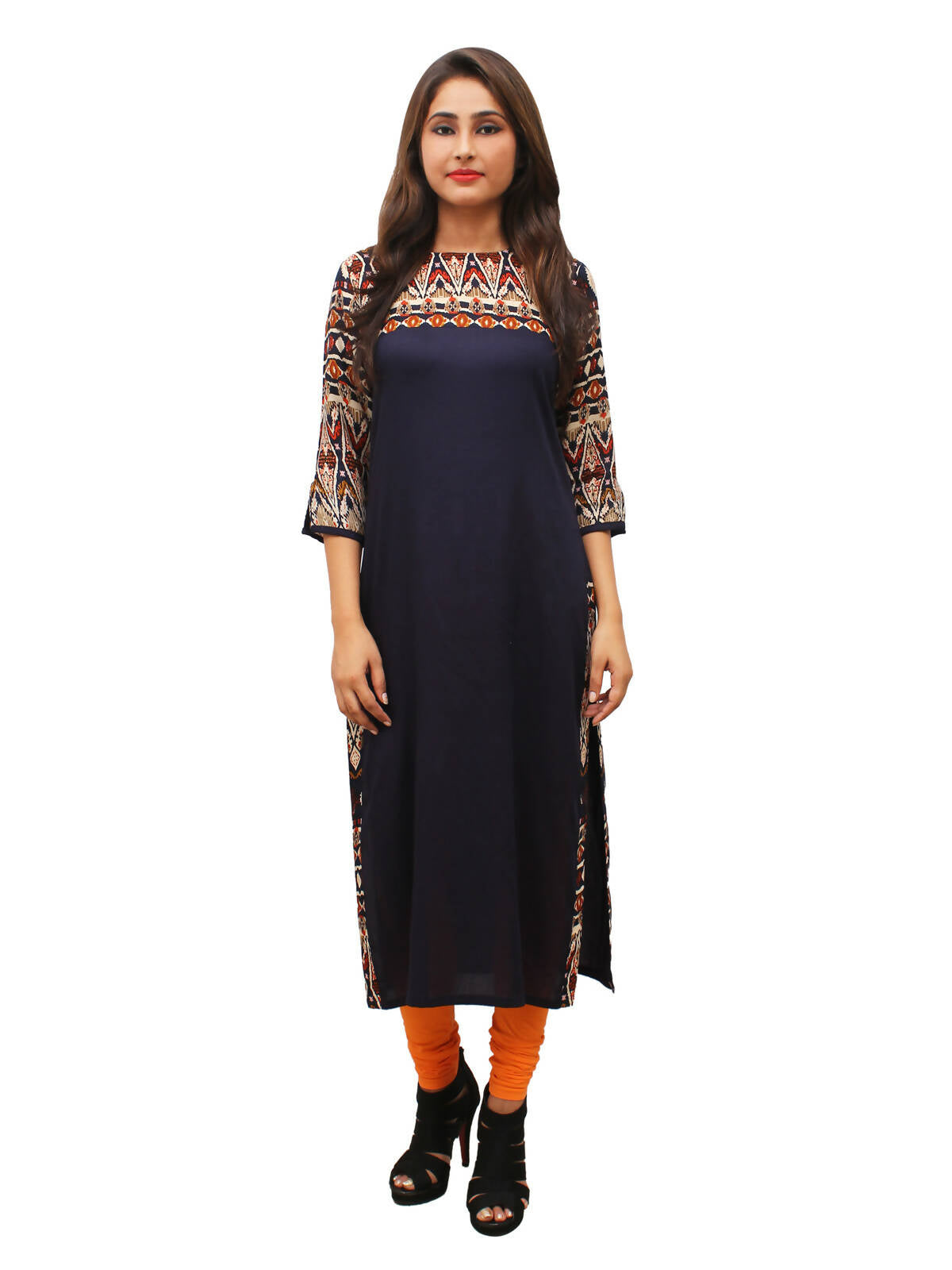 Women's Navy Printed Yoke And Sleeves, Round Neck Kurti - G & A Apparels | Swadesiicart