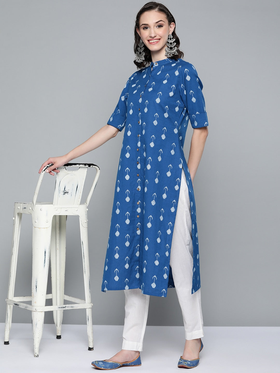 HERE&NOW Women Blue & White Ethnic Motifs Printed Kurta - Swadesiicart