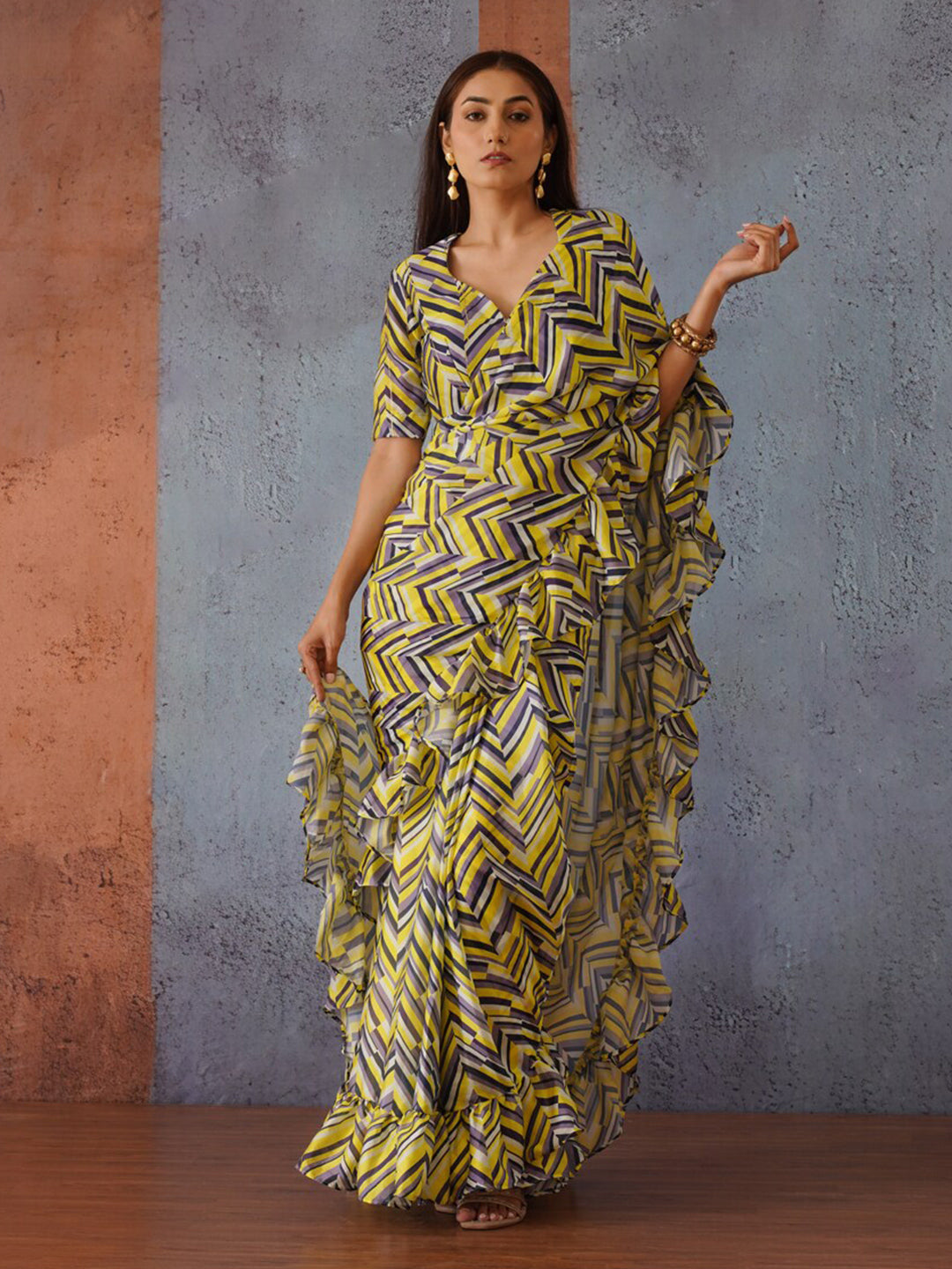Tikhi Imli Geometric Digital Printed Ruffled Ready to Wear Saree | Swadesiicart