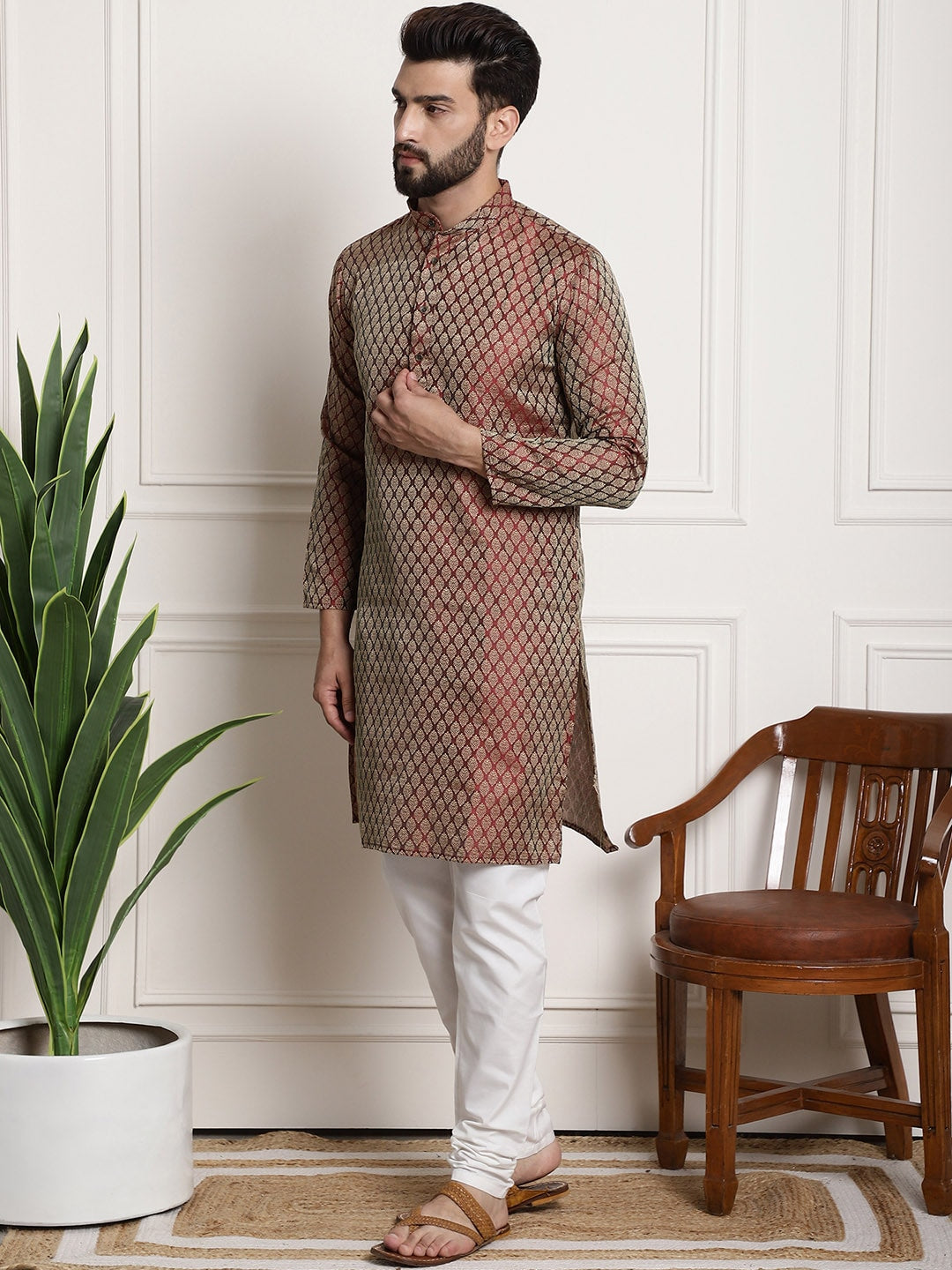 Sojanya Men Maroon & Off-White Woven Design Kurta with Churidar | Swadesiicart