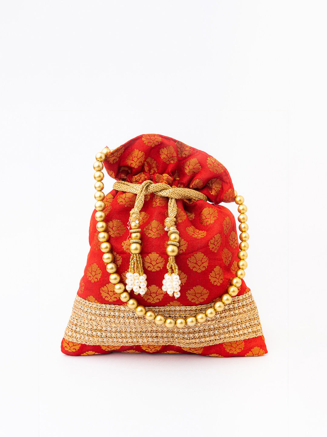NR By Nidhi Rathi Red & Gold-Toned Embroidered Potli Clutch - Swadesiicart