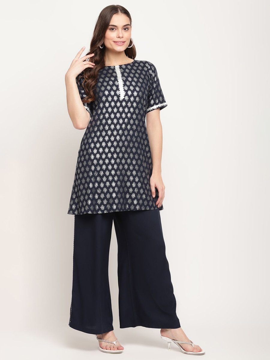 Ahalyaa Women's Blue Rayon Foil Print Top With Palazzo Set | Swadesiicart