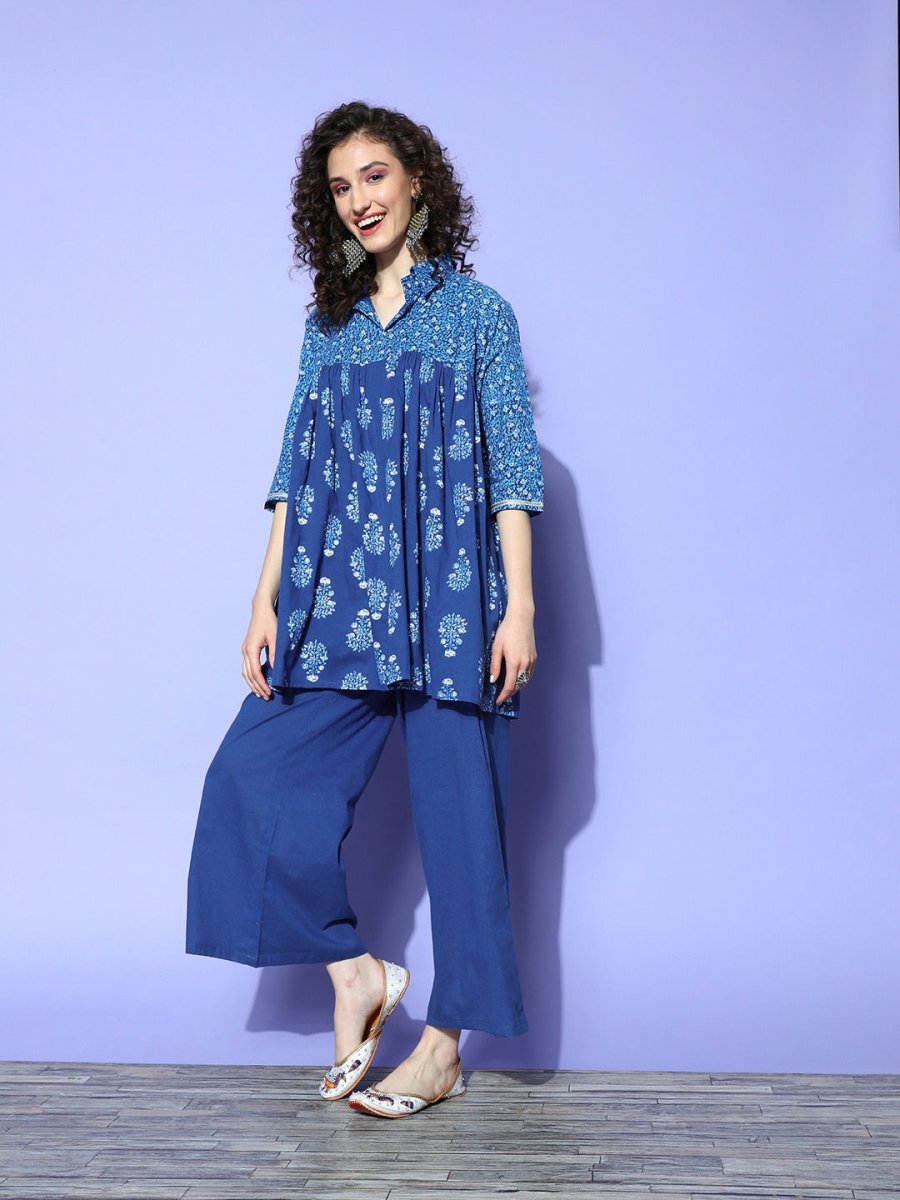 Ahalyaa Blue Pure Cotton Tunic & Palazzos Ethnic Co-Ords - Swadesiicart