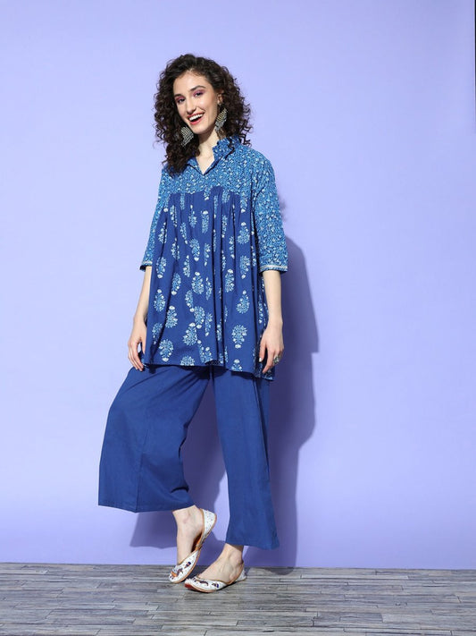Ahalyaa Blue Pure Cotton Tunic & Palazzos Ethnic Co-Ords - Swadesiicart