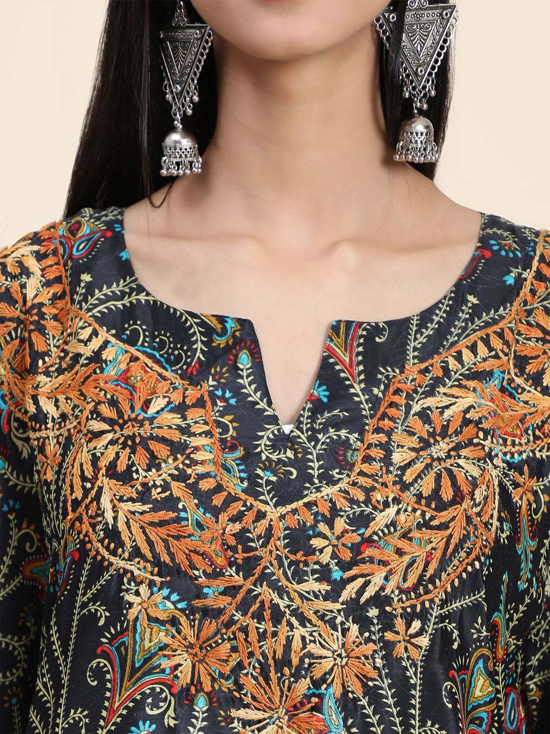 HOUSE OF KARI Ethnic Motifs Printed Chikankari Embroidery Cotton Kaftan Kurta | Swadesiicart
