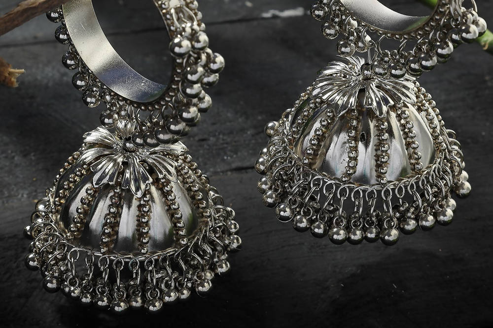 Mominos Fashion Johar Kamal Oxidised Black-Plated With Ghungroo Jhumkas - Swadesiicart
