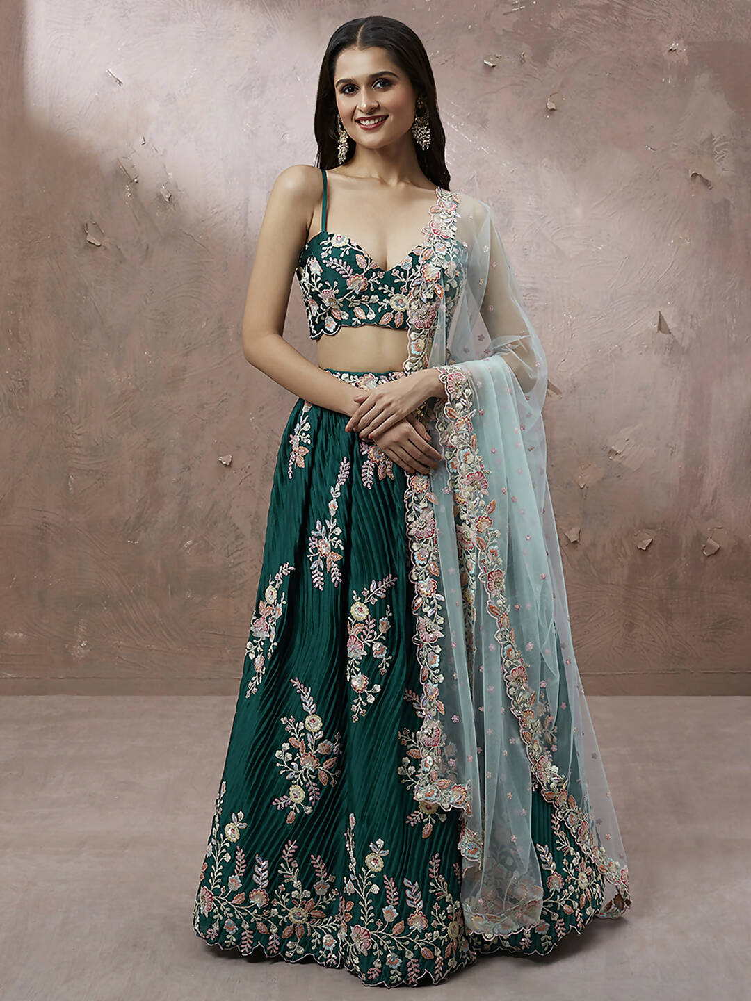 House of Panchhi Teal - Pure Georgette Thread & Sequins Work Lehenga | Swadesiicart