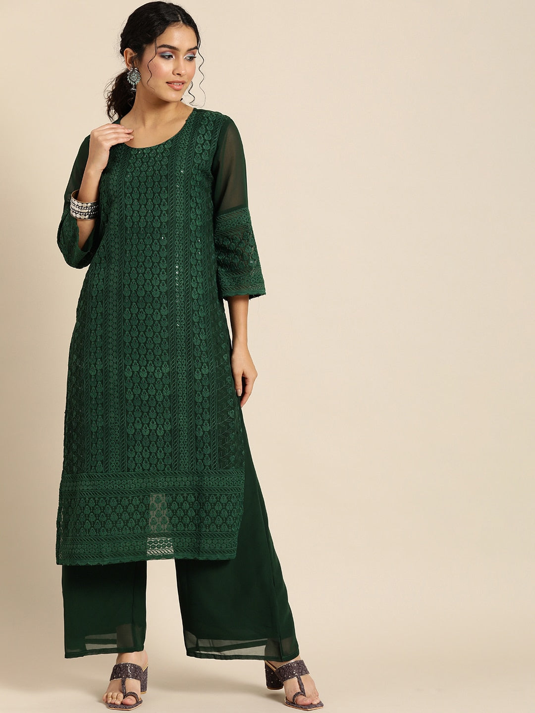Sangria Women Green Ethnic Motifs Chikankari Kurta with Palazzos | Swadesiicart