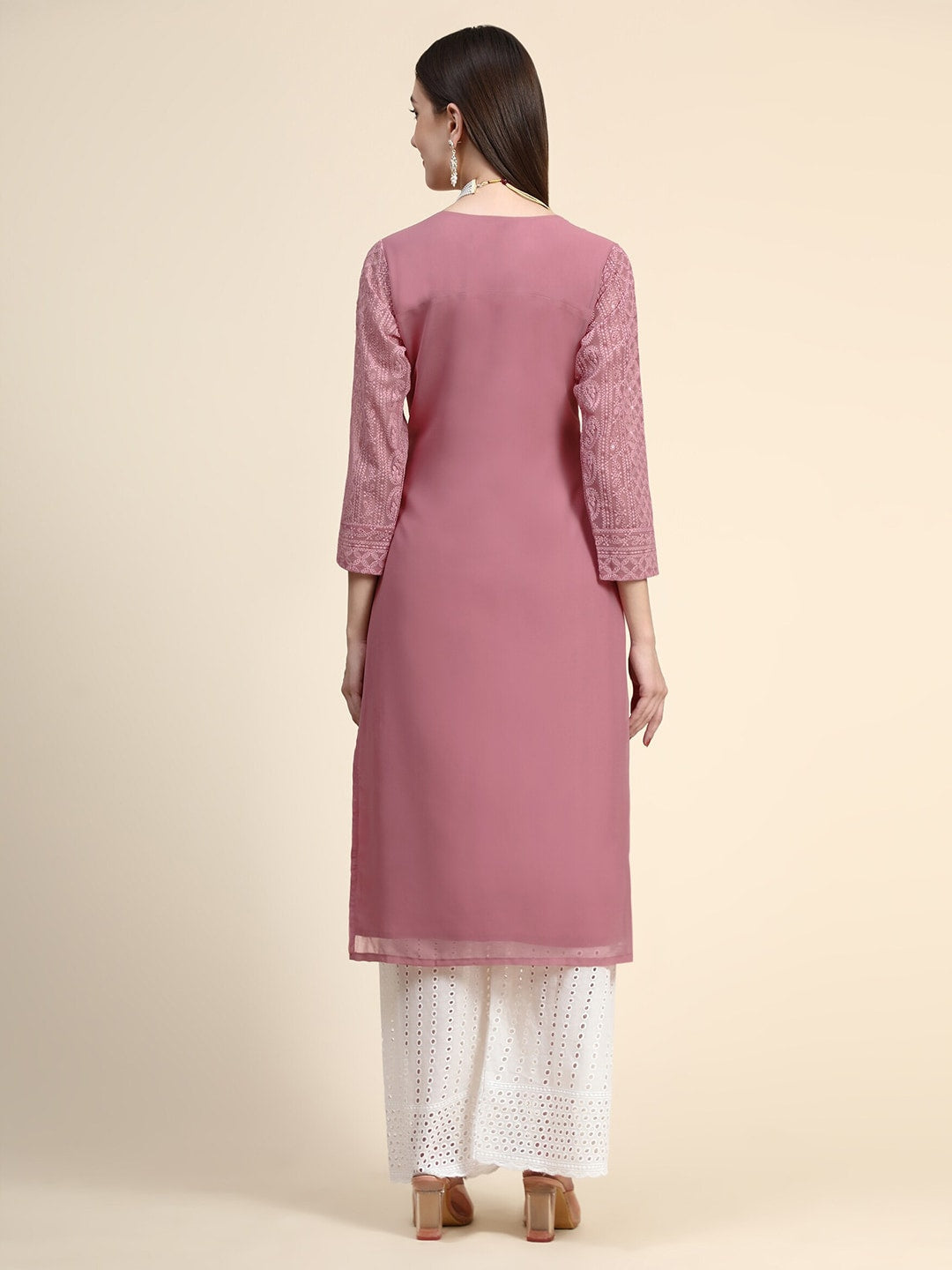 Kalini Round Neck Paisley Embroidered Chikankari Georgette Kurta | Swadesiicart