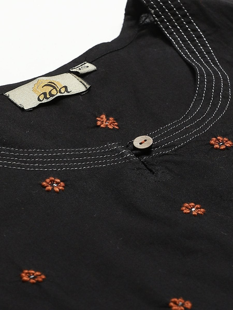 ADA Women Black & Rust Orange Chikankari Embroidered Sustainable Handloom Kurta with Trousers | Swadesiicart