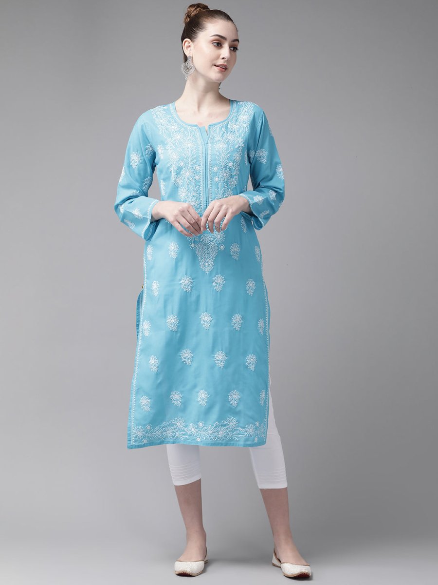 ADA Women Blue & White Pure Cotton Chikankari Embroidered Kurta with Trousers | Swadesiicart