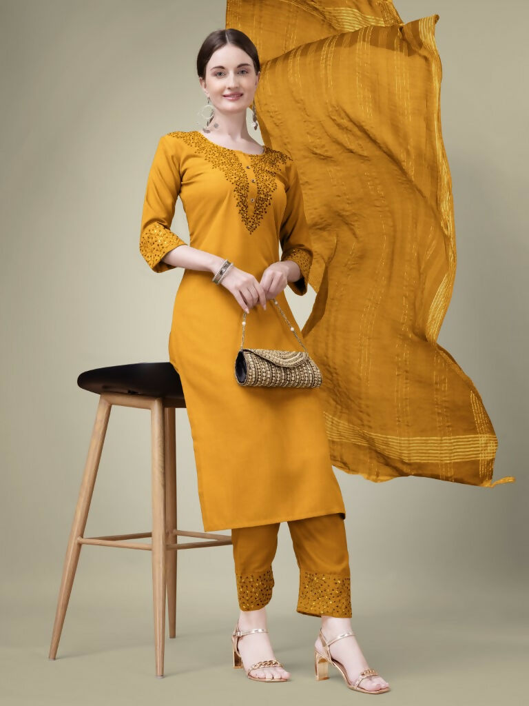 Jyoti Fashion Women's Mustard Cotton Blend Embroidery & Sequence work Kurta with Trouser & Dupatta | Swadesiicart