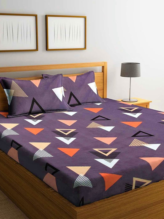 Home Sizzler Purple Geometric 210 TC Cotton 1 Double Queen Bedsheet With 2 Pillow Covers - Swadesiicart