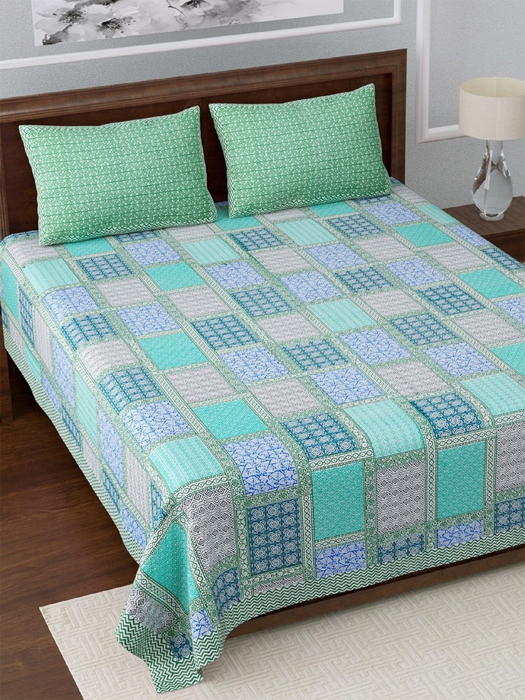 LIVING ROOTS Blue & Green Jaipur Printed 210 TC King Bedsheet with 2 Pillow Covers - Swadesiicart