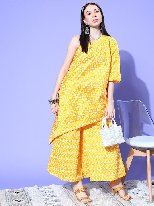 InWeave Women's Light Yellow Mirror Work Oneshoulder Kurta Set - Swadesiicart