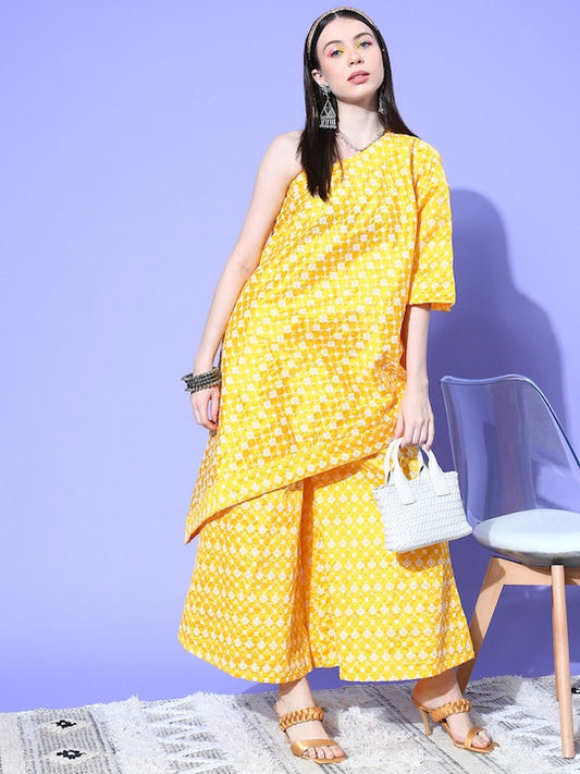 InWeave Women's Light Yellow Mirror Work Oneshoulder Kurta Set - Swadesiicart