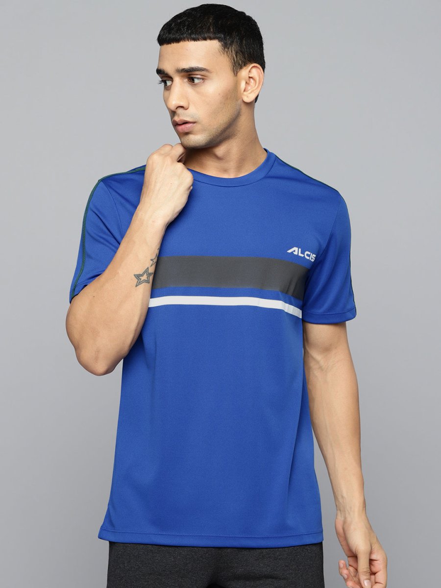 Alcis Men Blue & Black Striped Detail Slim Fit T-shirt | Swadesiicart