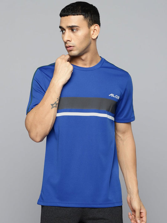 Alcis Men Blue & Black Striped Detail Slim Fit T-shirt | Swadesiicart