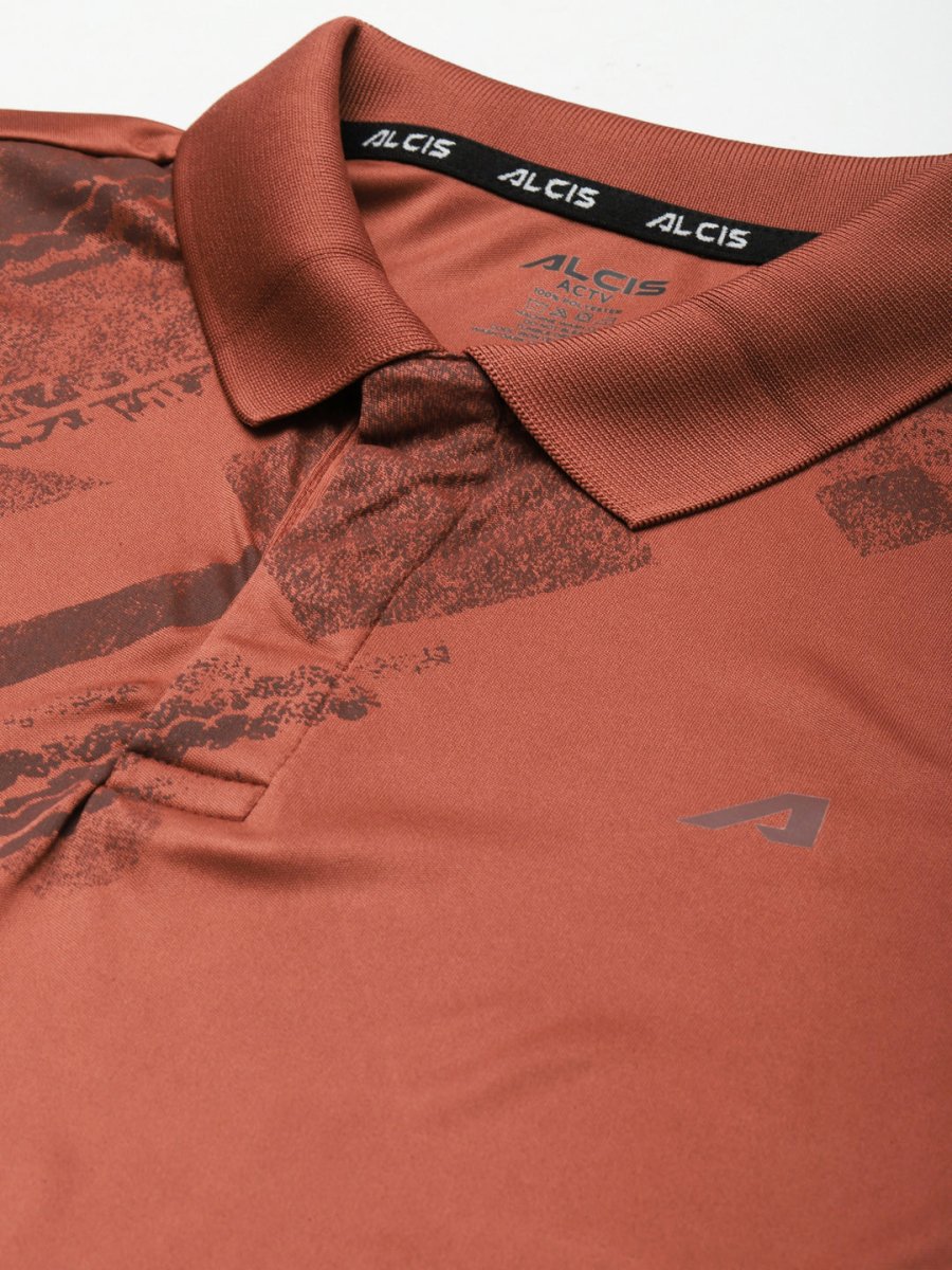 Alcis Men Rust Printed Polo Collar Slim Fit T-shirt | Swadesiicart