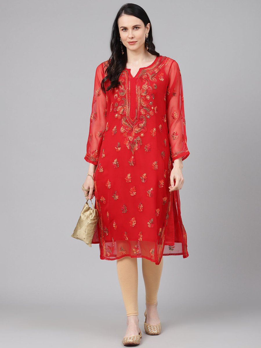 ADA Women Red & Yellow Sheer Chikankari Embroidered Straight Sustainable Handloom Kurta with Inner | Swadesiicart