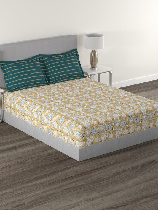 MYTRIDENT Mustard White Floral Cotton 144 TC Queen Bedsheet With 2 Pillow Covers - Swadesiicart