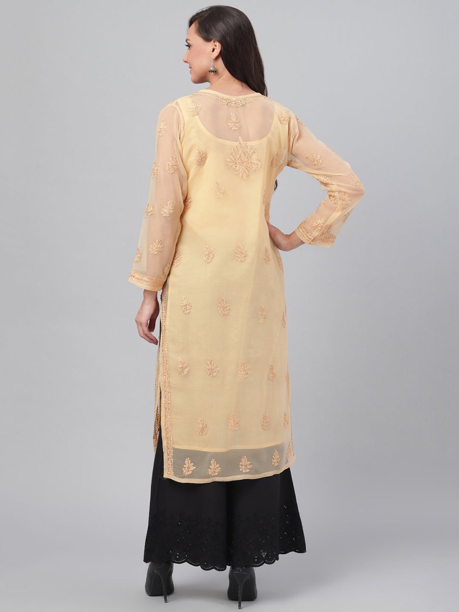 ADA Women Beige Chikankari Hand Embroidered Straight Sustainable Handloom Kurta With Slip | Swadesiicart