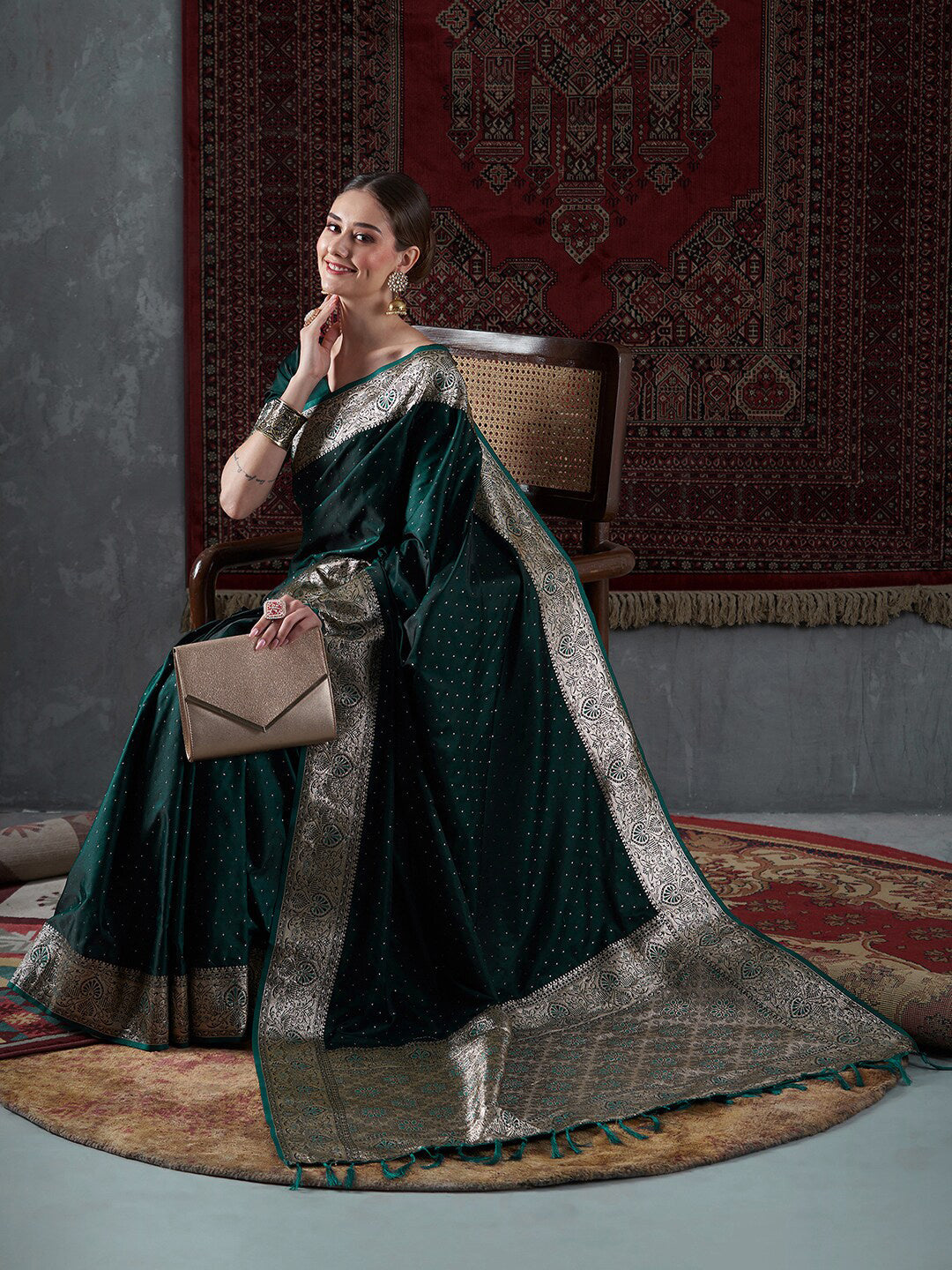 Mitera Green & Gold-Toned Ethnic Motifs Woven Design Zari Satin Banarasi Saree | Swadesiicart