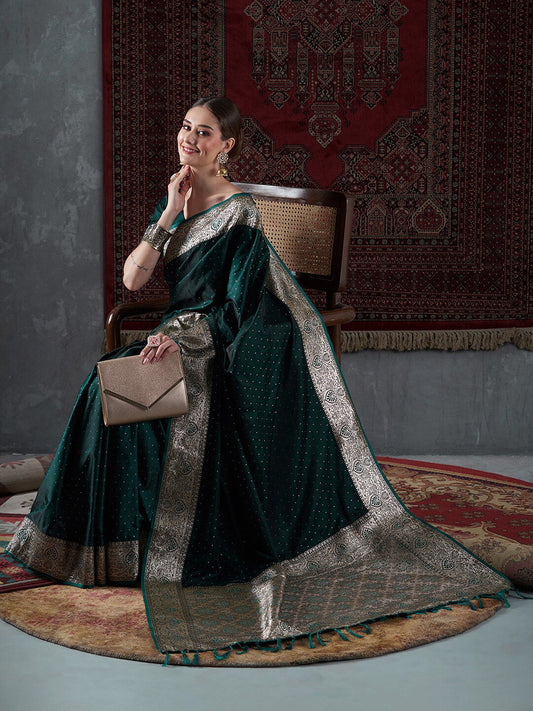 Mitera Green & Gold-Toned Ethnic Motifs Woven Design Zari Satin Banarasi Saree | Swadesiicart