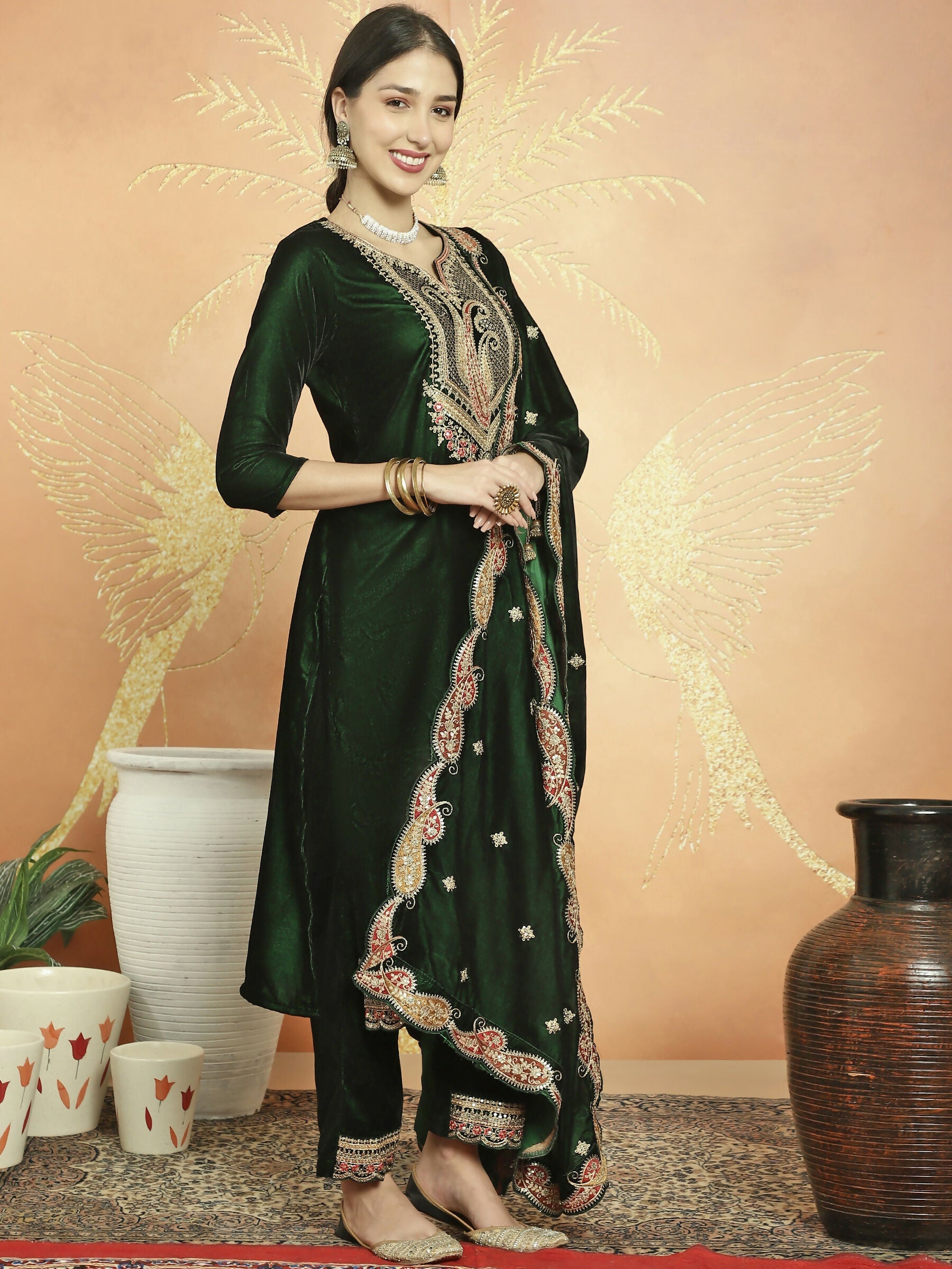 Jyoti Fashion Women's Green Velvet Cording with Resham Thread & Sequin Kurta with Trouser & Dupatta | Swadesiicart