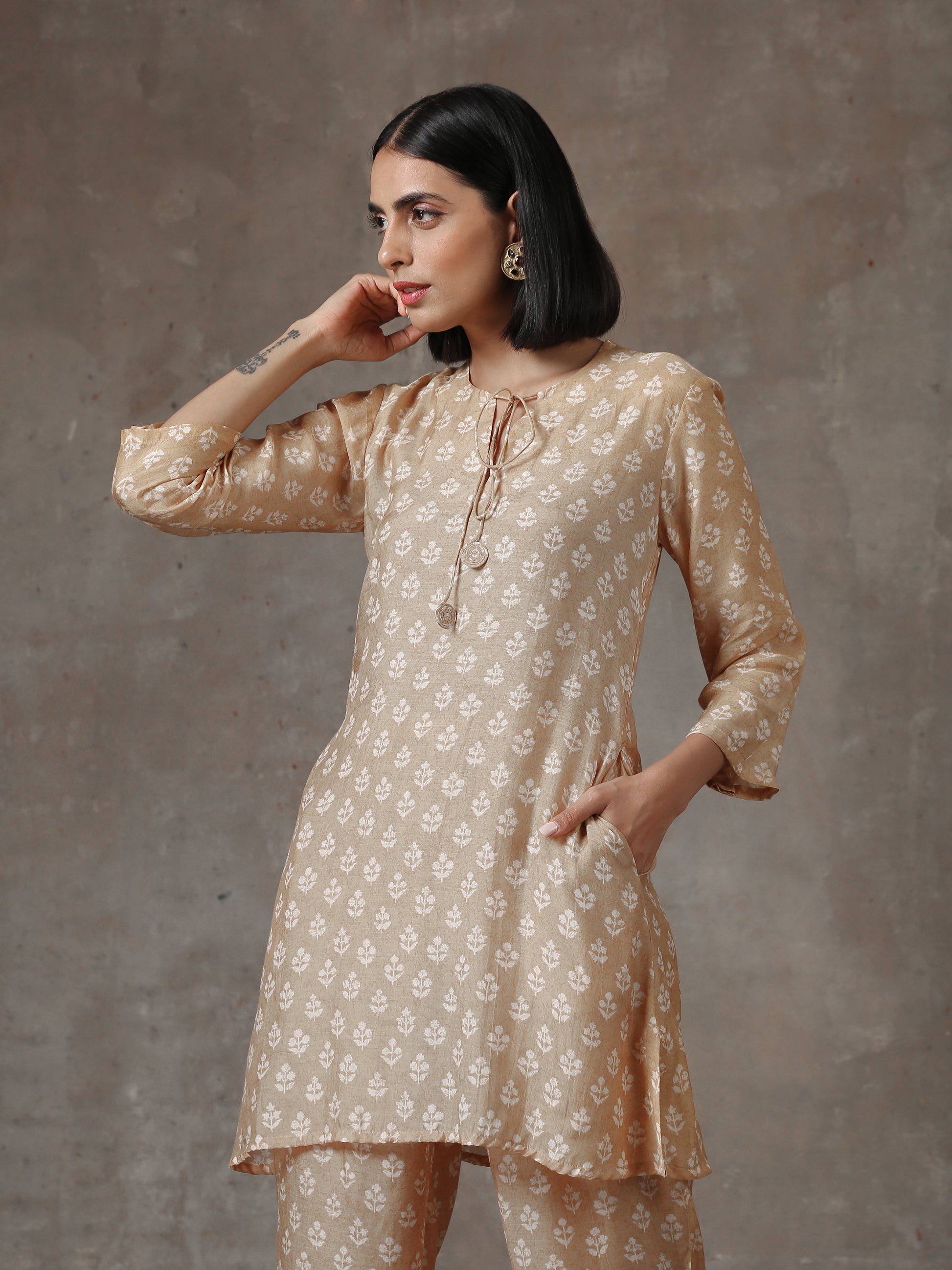 trueBrowns Beige White Printed Silk Co-Ord Set - Swadesiicart