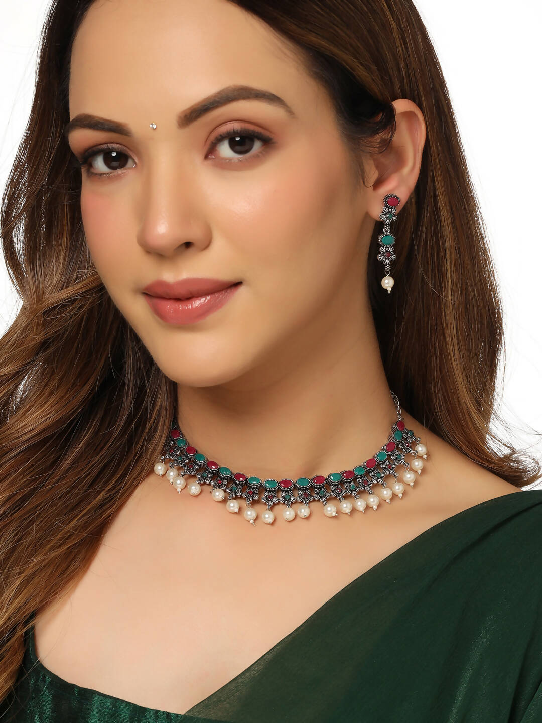NVR Women Silver-Plated Stone Studded Oxidised Silver Jewellery Set - NR Retail-NVR