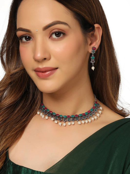 NVR Women Silver-Plated Stone Studded Oxidised Silver Jewellery Set - NR Retail-NVR