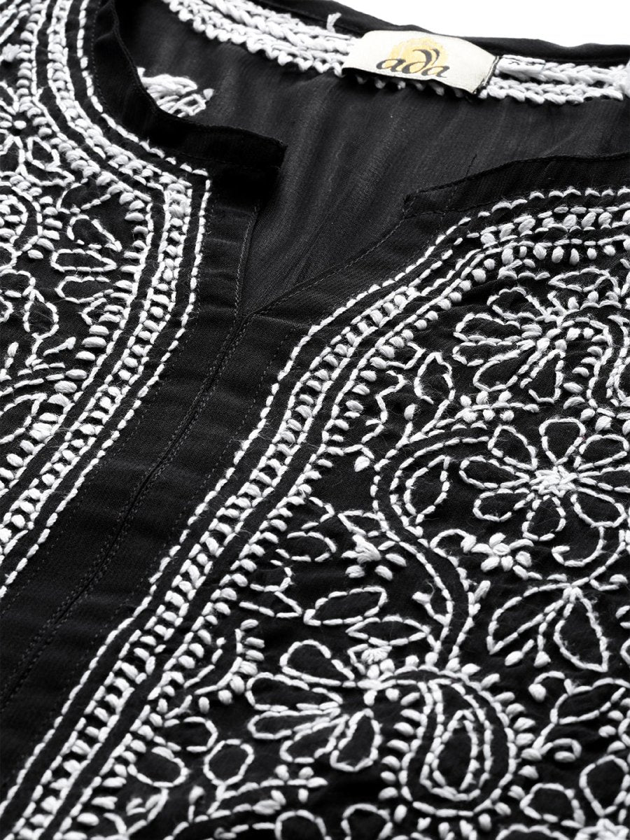 ADA Women Black & White Chikankari Hand Embroidered Semi-Sheer Straight Sustainable Handloom Kurta | Swadesiicart