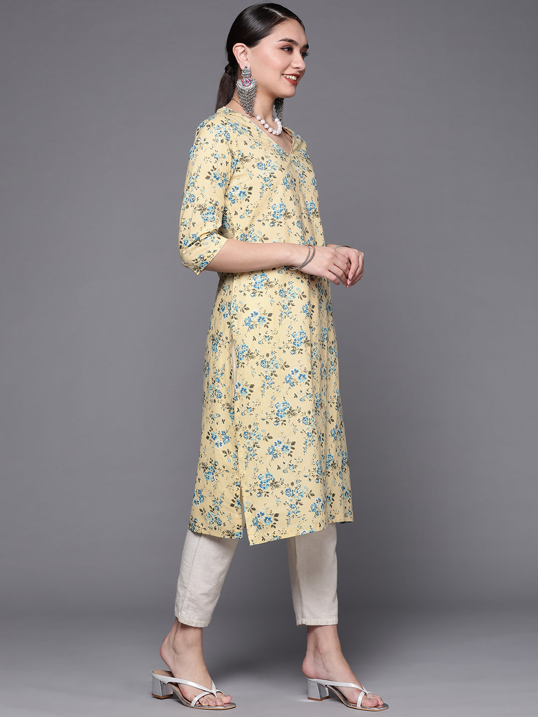 Biba Women Cream-Coloured & Blue Pure Cotton Floral Print Straight Kurta - Swadesiicart