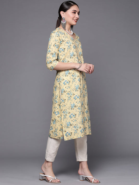 Biba Women Cream-Coloured & Blue Pure Cotton Floral Print Straight Kurta - Swadesiicart