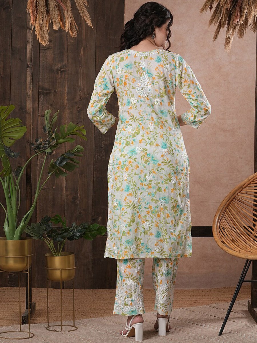 ADA Floral Printed Round Neck Regular Lucknowi Chikankari Kurta with Trousers | Swadesiicart