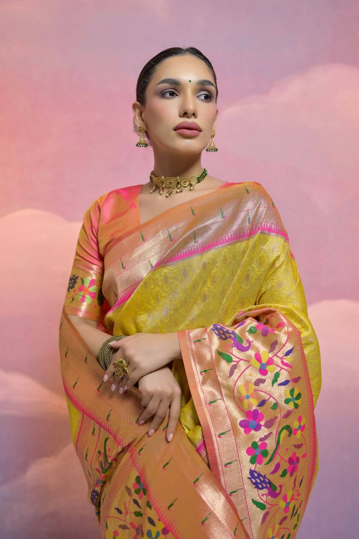 Vishnu Weaves Women's Yellow Paithani Silk Zari Woven Saree with Blouse - Swadesiicart